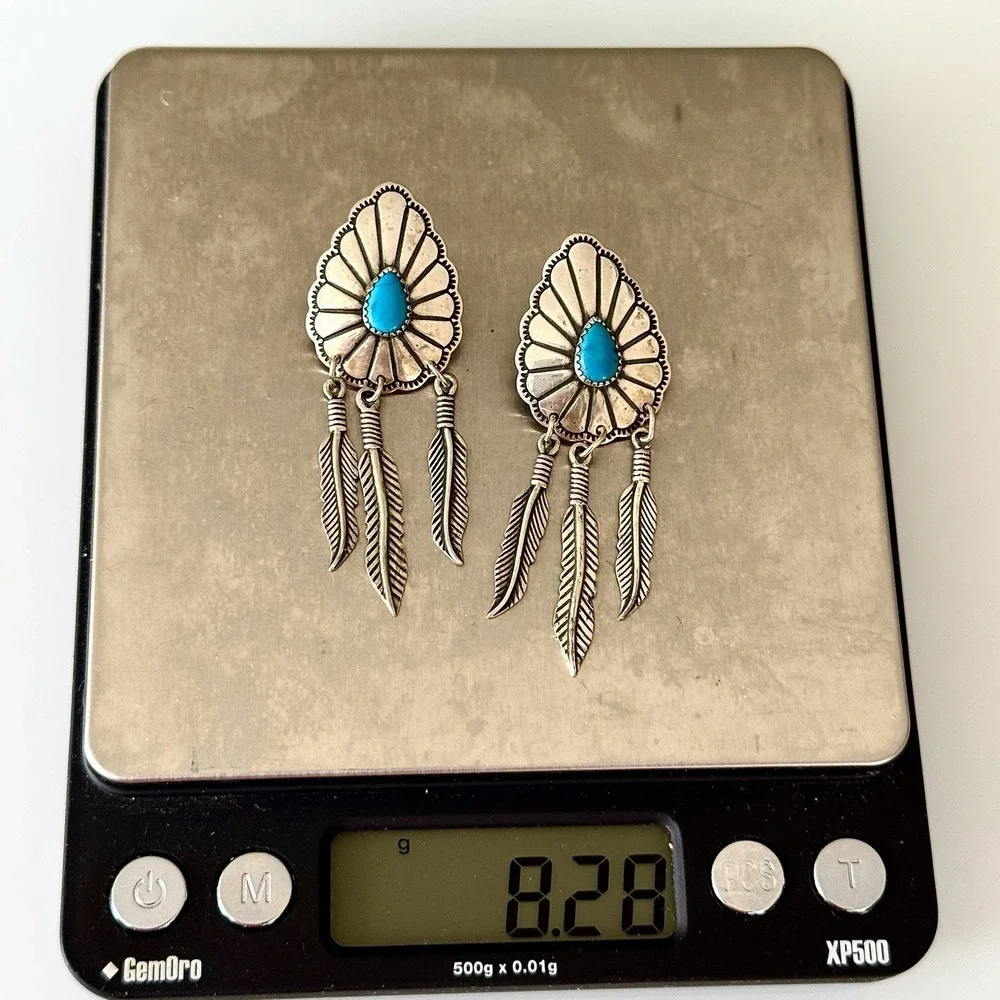 VTG Turquoise Earrings Signed Wheeler Feather Post Dangle Sterling USA Southwest